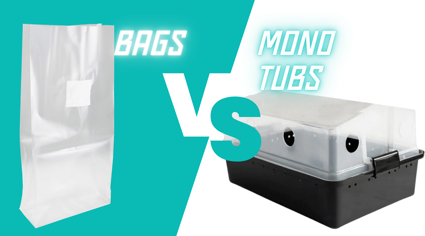 Side-by-side comparison of a mushroom grow bag and a monotub highlighting the differences in cultivation methods.